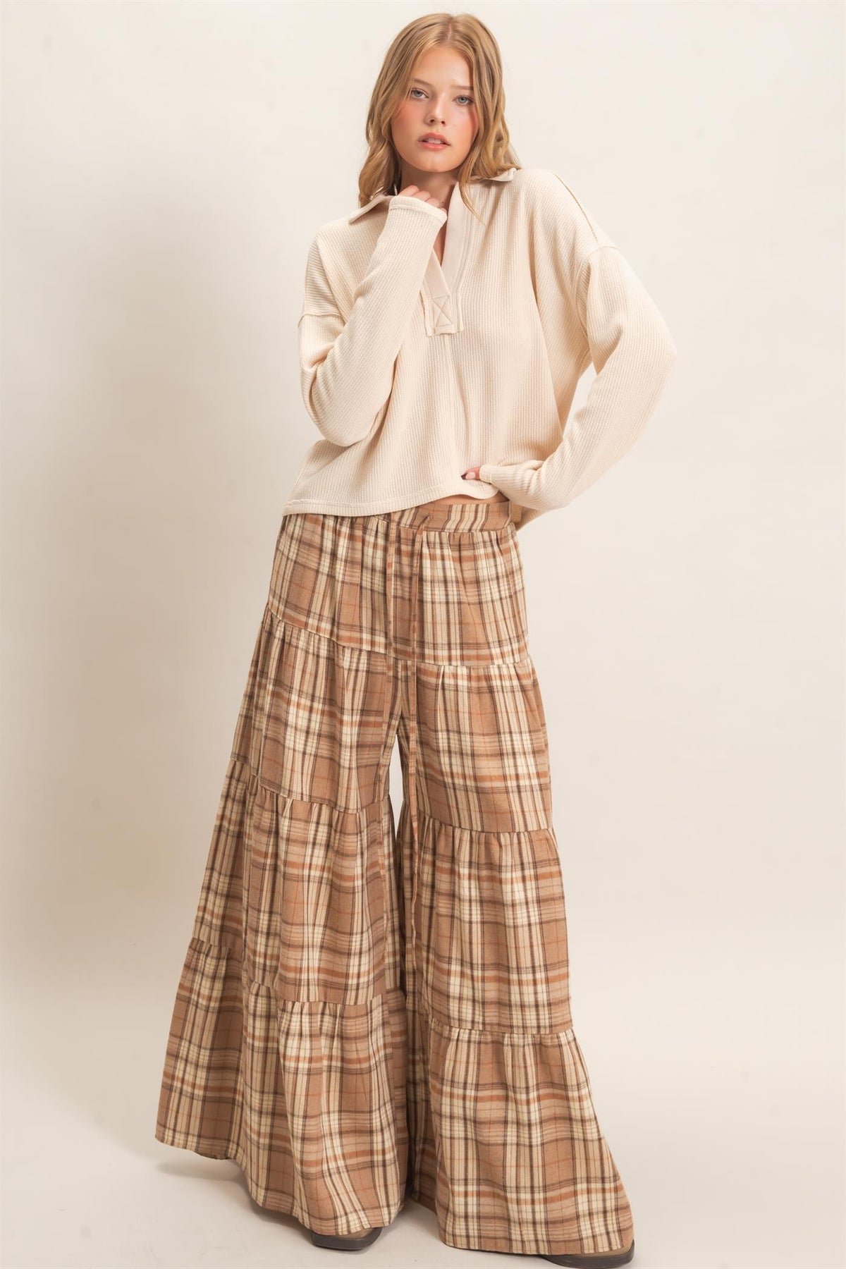 TIERED PLAID WIDE LEG PANTS