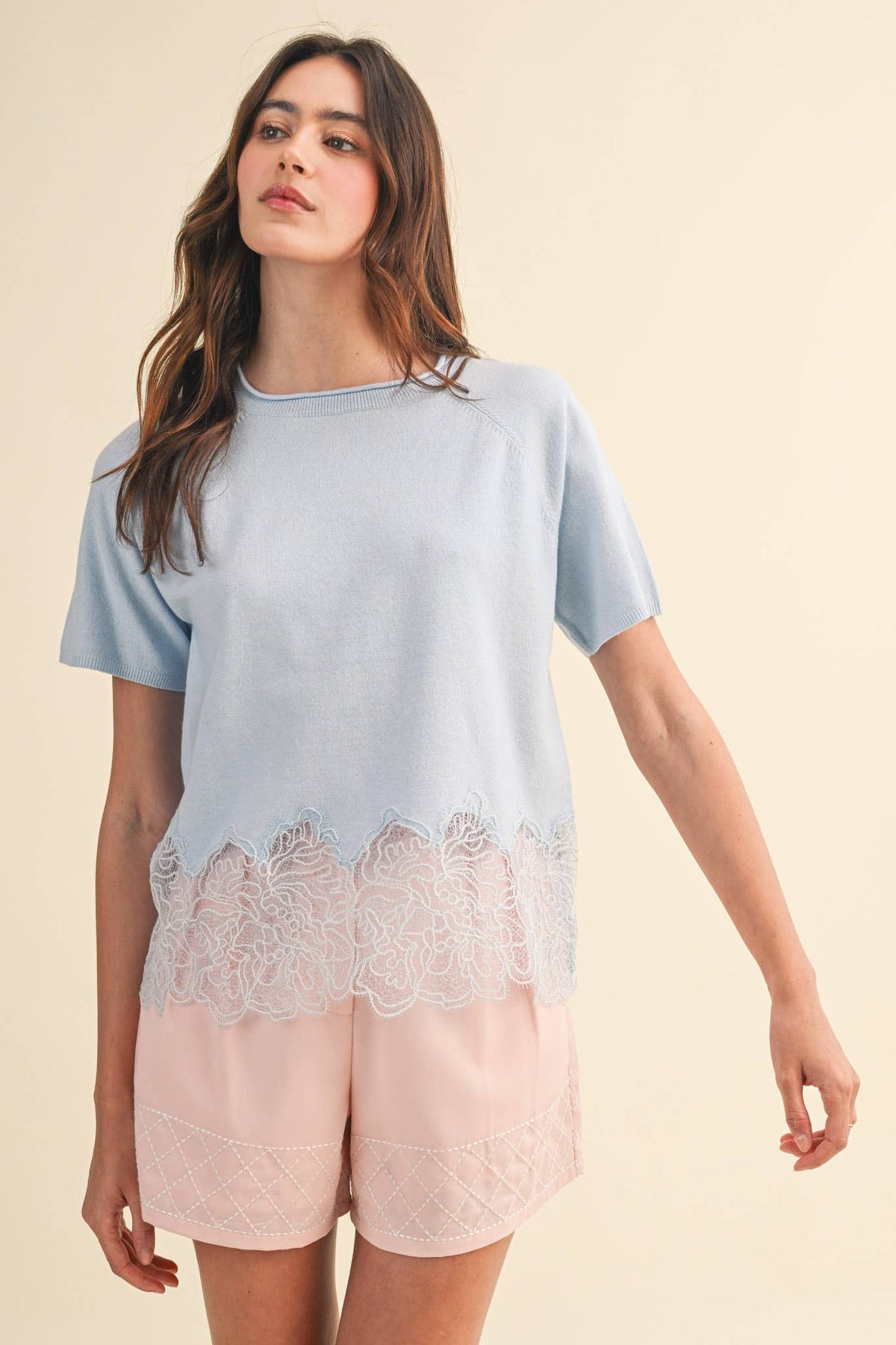 LACE TRIM ROUND NECK SHORT SLEEVE SWEATER TOP