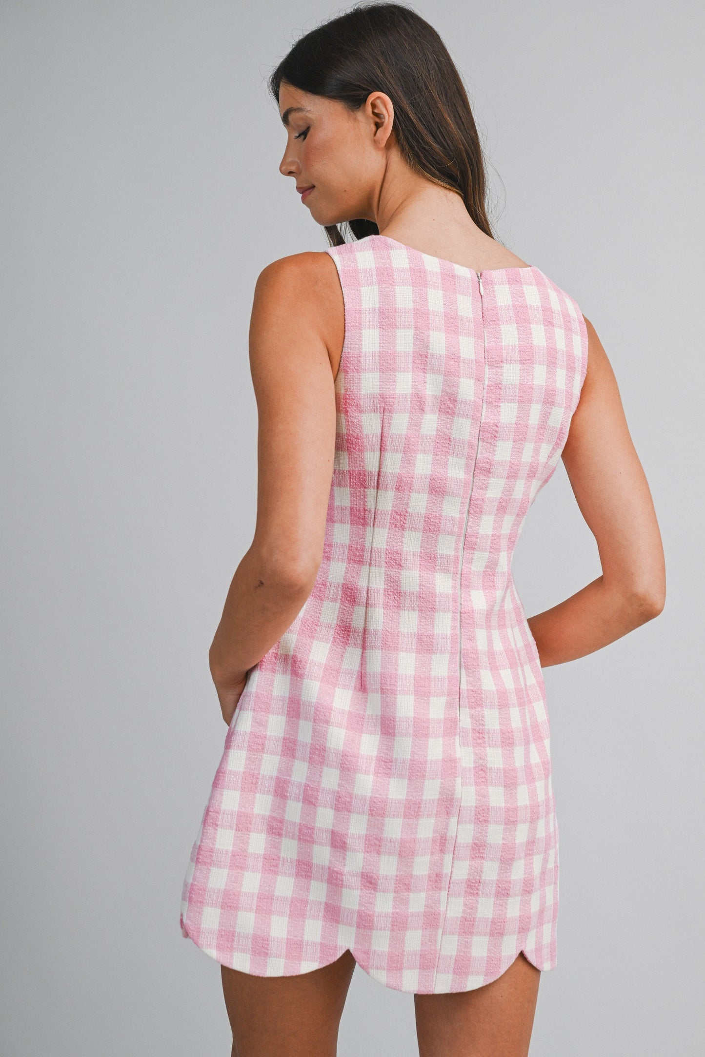 Textured Plaid Scallop Hem Mini Dress