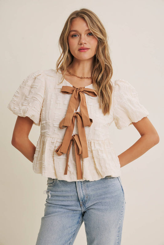 BESTSELLER ROMANTIC TEXTURED CONTRAST BOW PEPLUM BLOUSE