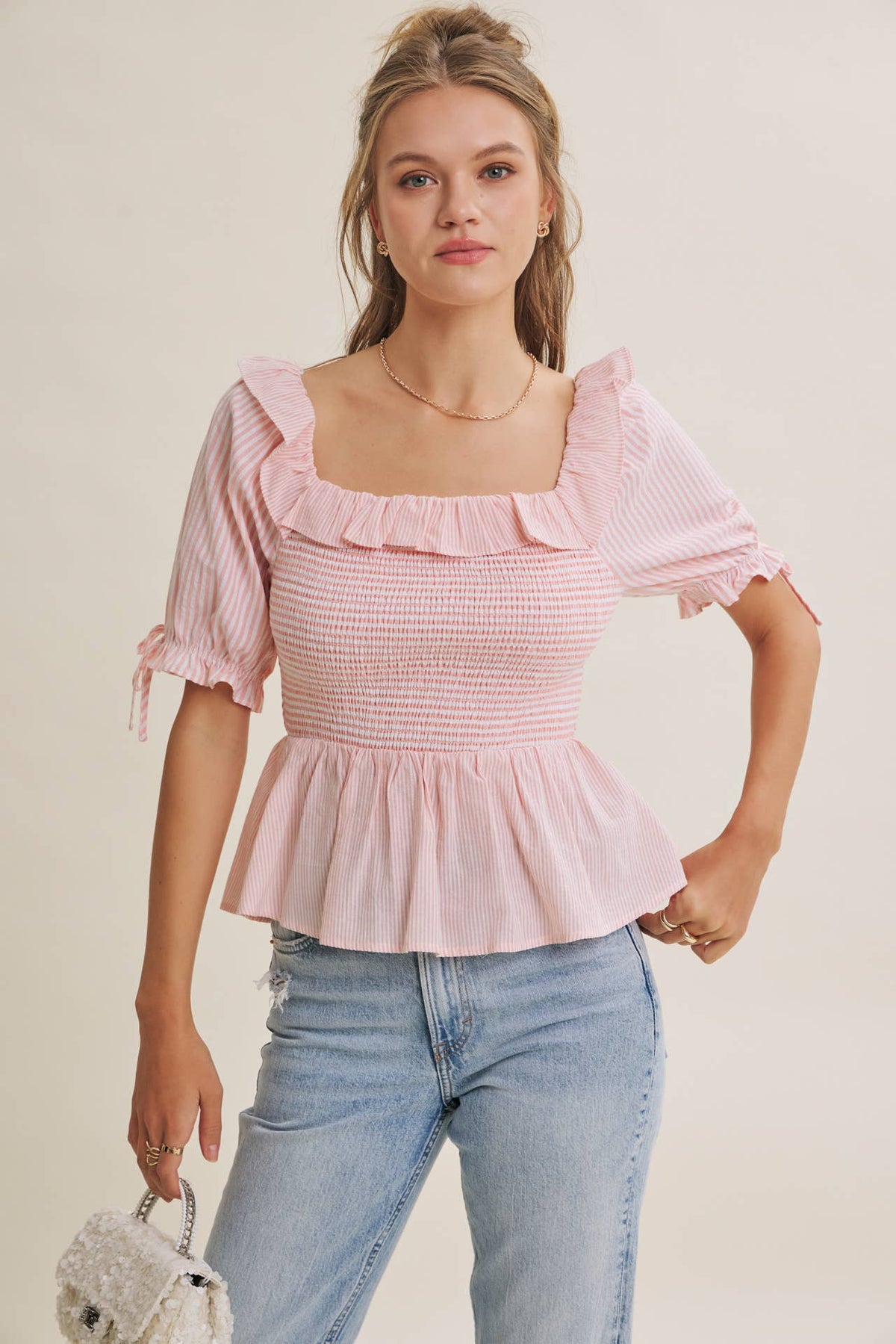 SOFT BREEZE RUFFLE SMOCKED STRIPE PEPLUM BLOUSE WITH BOW
