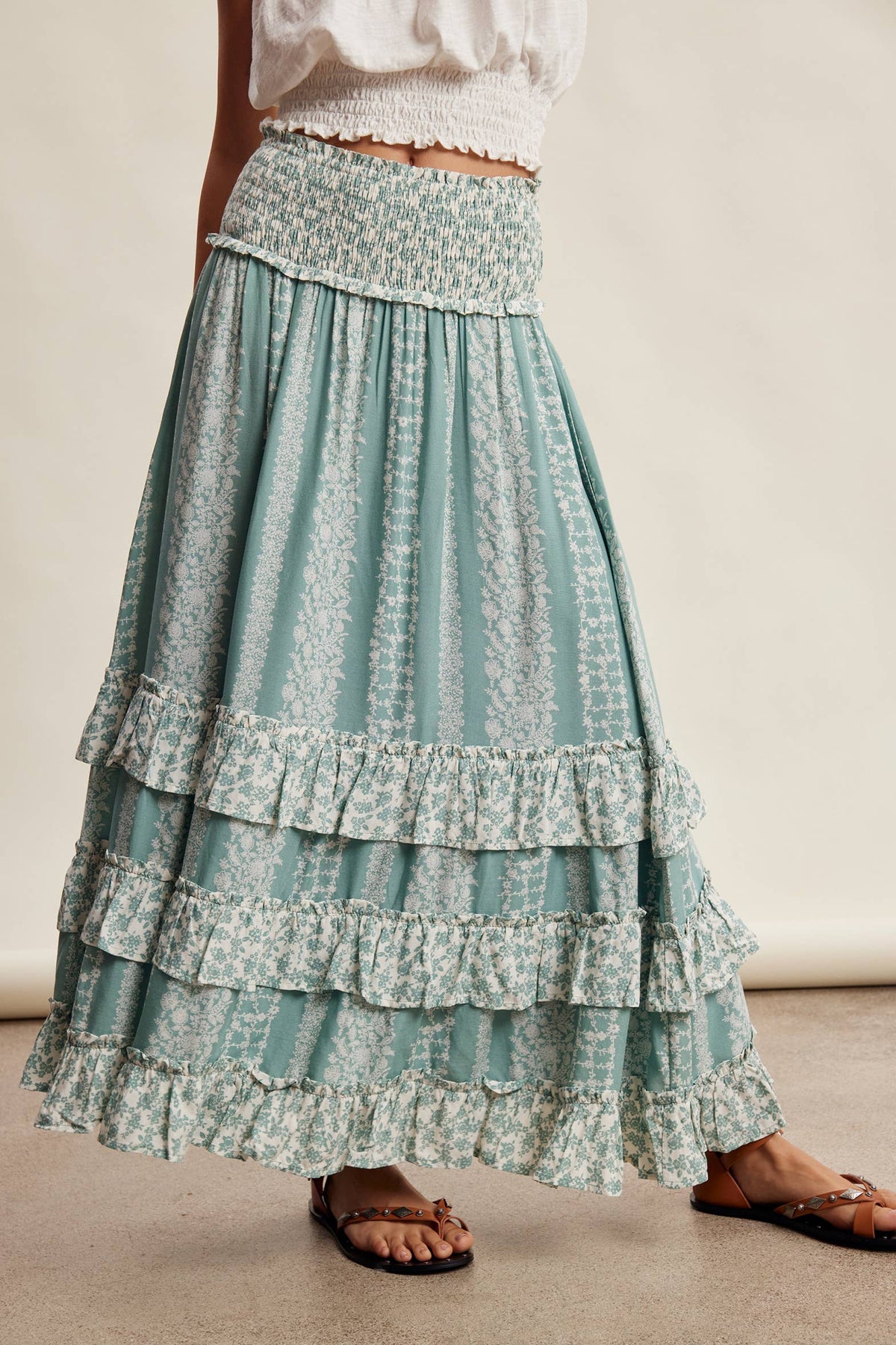 Mixed Print Tiered Maxi Skirt