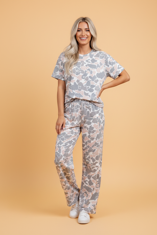 Camo Short Sleeve Top & Wide Leg Pants Set