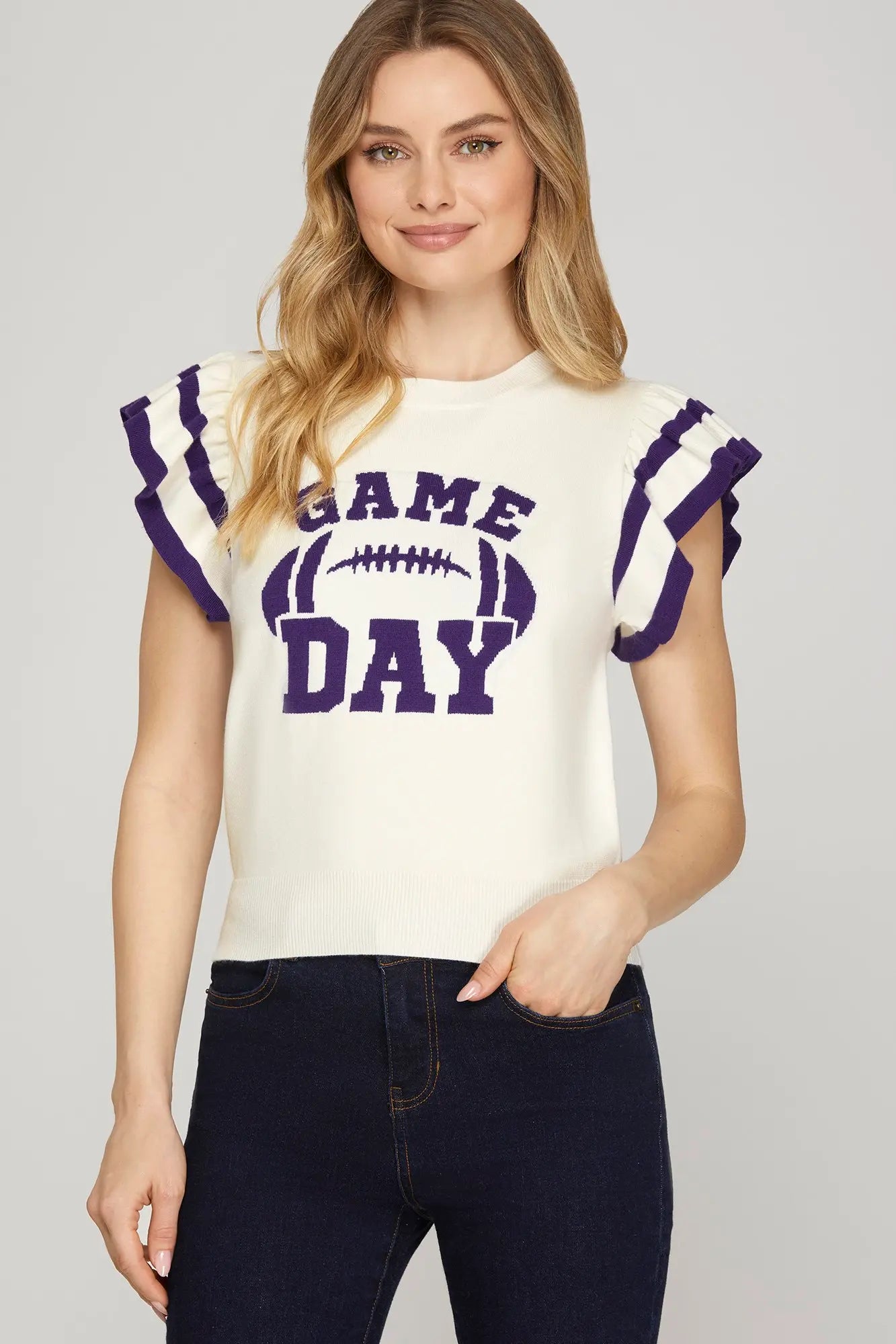 RUFFLED SWEATER GAME DAY TOP
