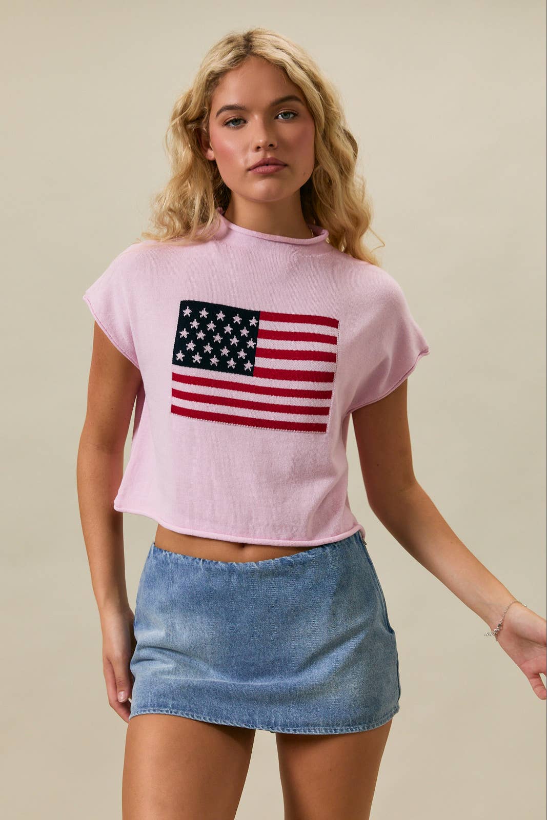 DROP SHOULDER MOCK NECK "USA FLAG" GRAPHIC SWEATER