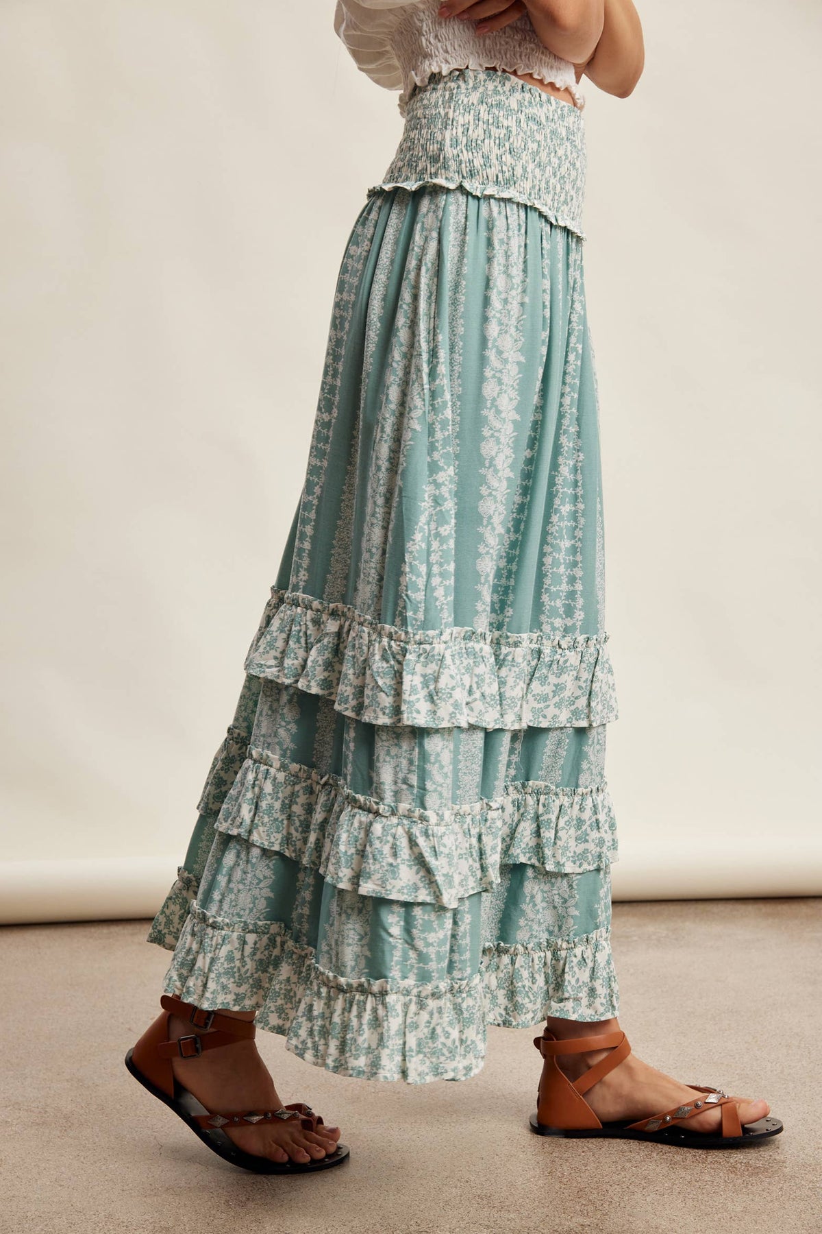 Mixed Print Tiered Maxi Skirt