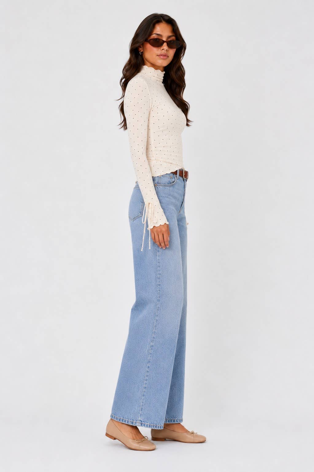 POLKA DOT RUFFLED TRIM LONG SLEEVE TOP