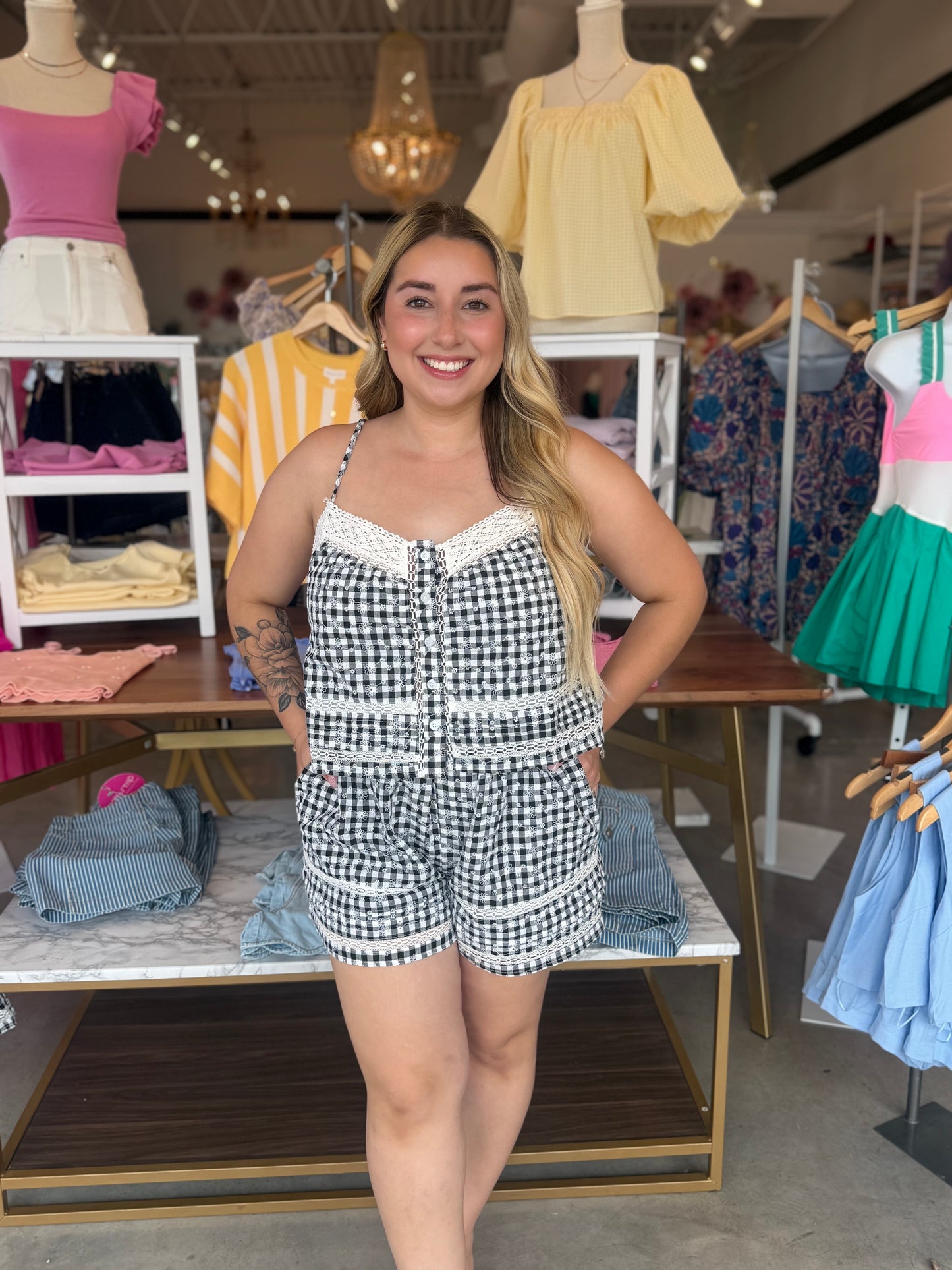 Plaid Lace Tank & Shorts Set