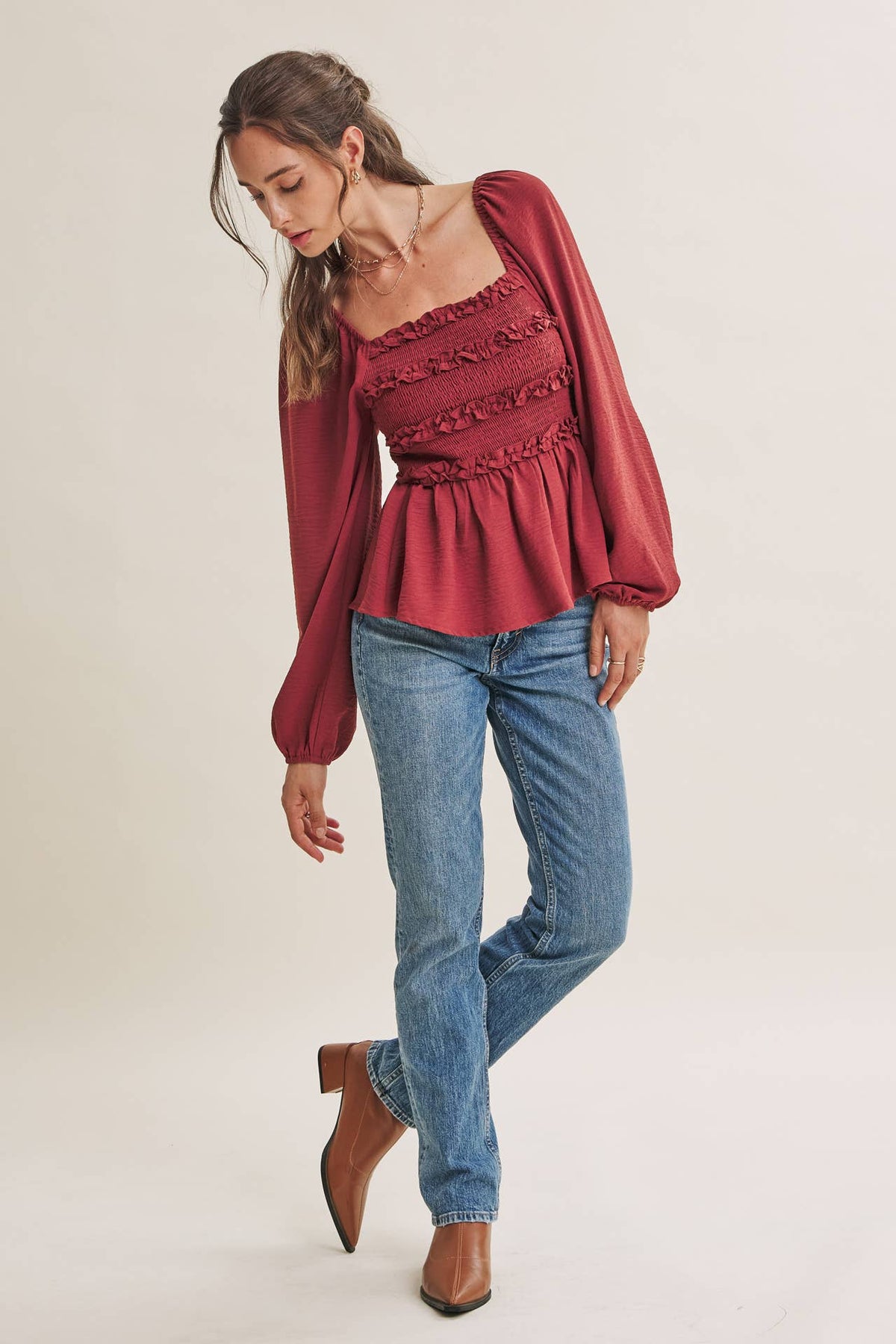 ROSEWOOD EVENING SQUARE NECK SMOCKED PEPLUM BLOUSE