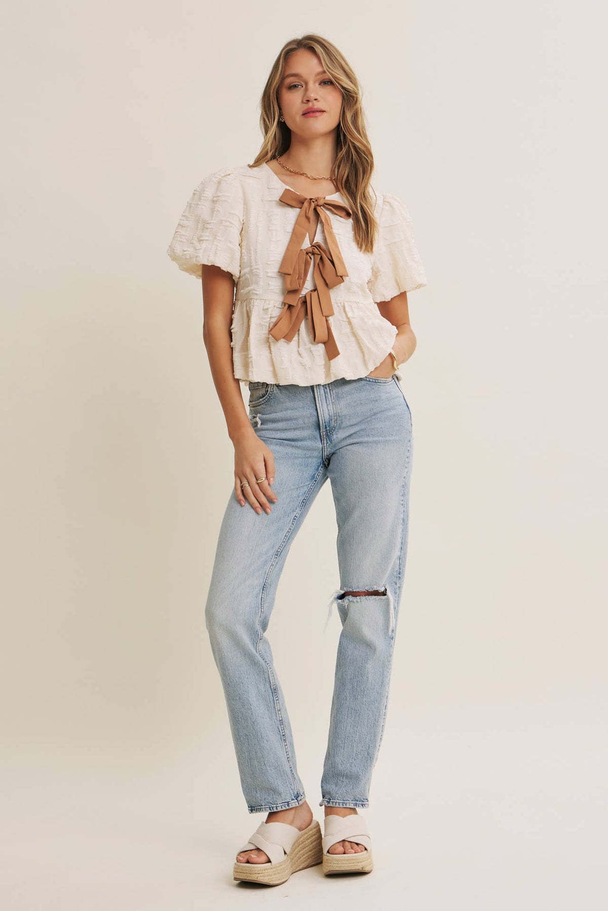 BESTSELLER ROMANTIC TEXTURED CONTRAST BOW PEPLUM BLOUSE