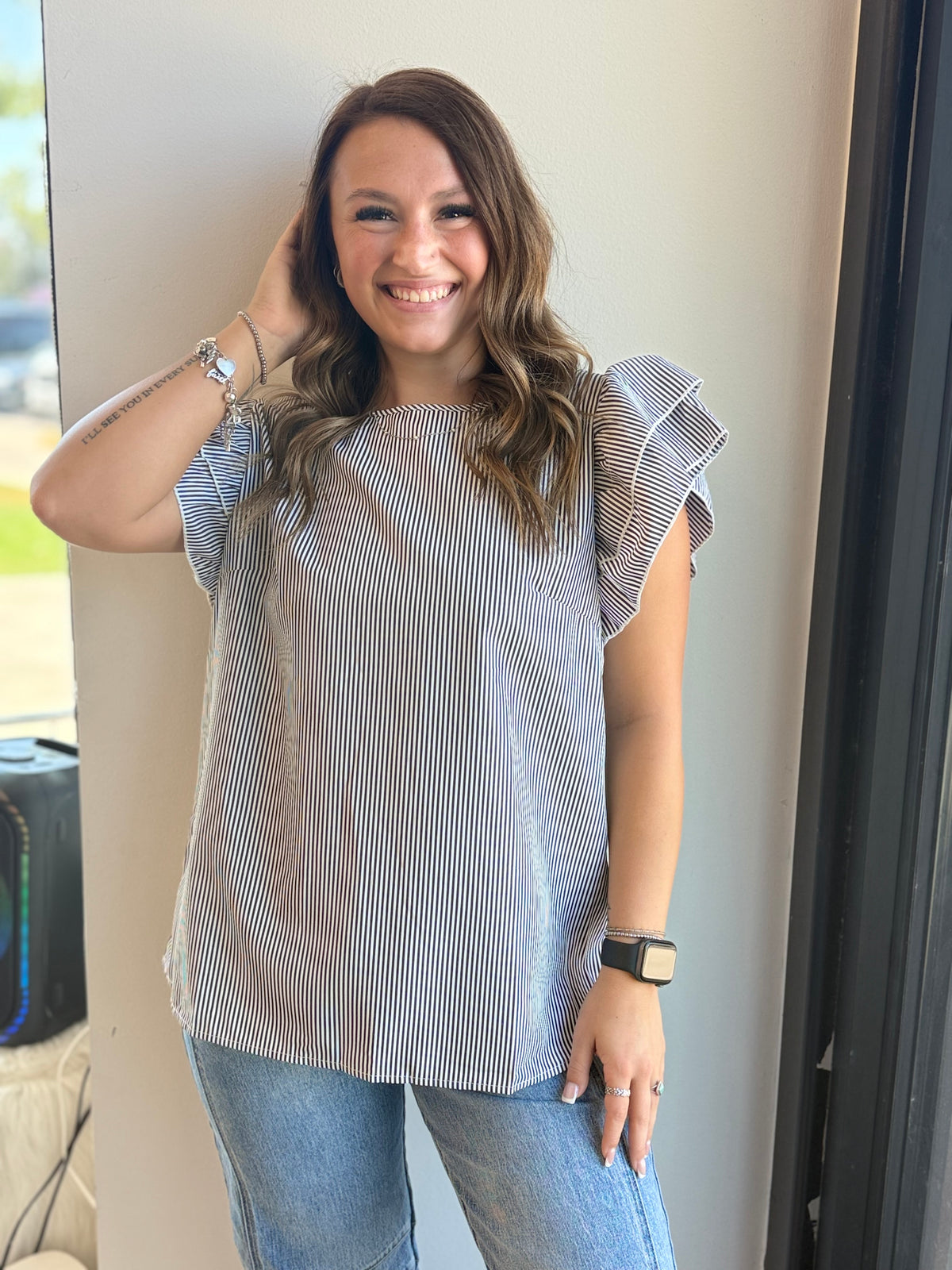 Stripe Ruffle Sleeve Round Neck Blouse