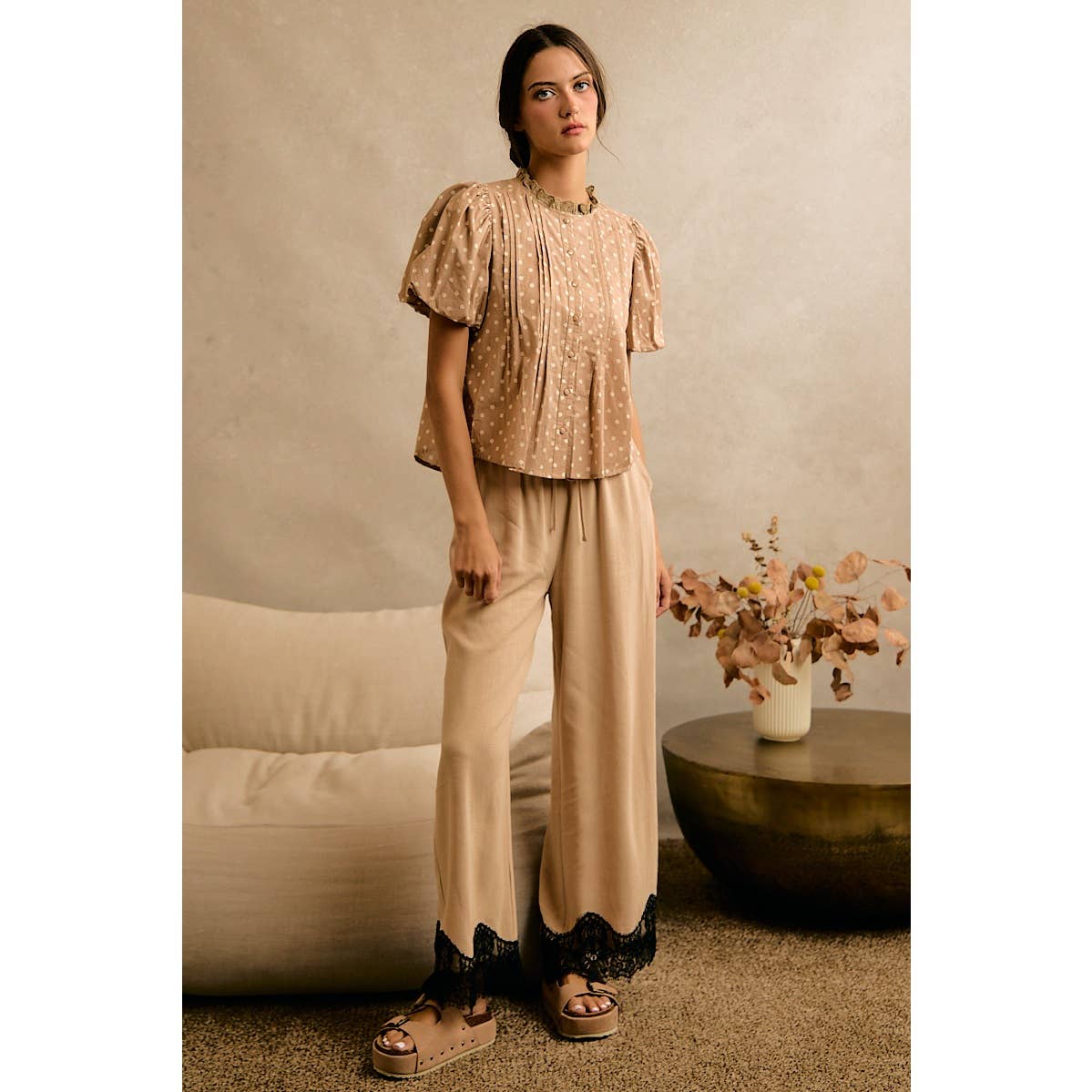 LINEN BLEND LACE TRIM BANDING WAIST PANTS