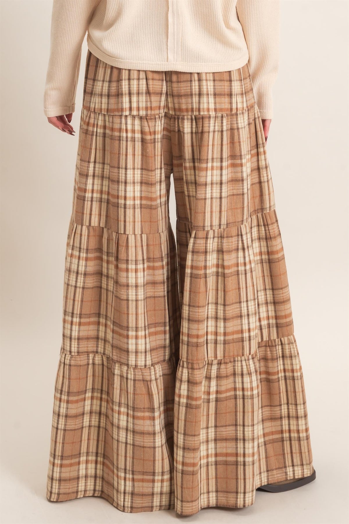 TIERED PLAID WIDE LEG PANTS