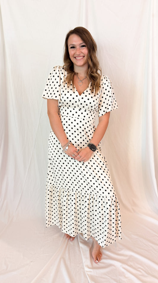 POLKA DOT FLUTTER SLEEVE MAXI DRESS
