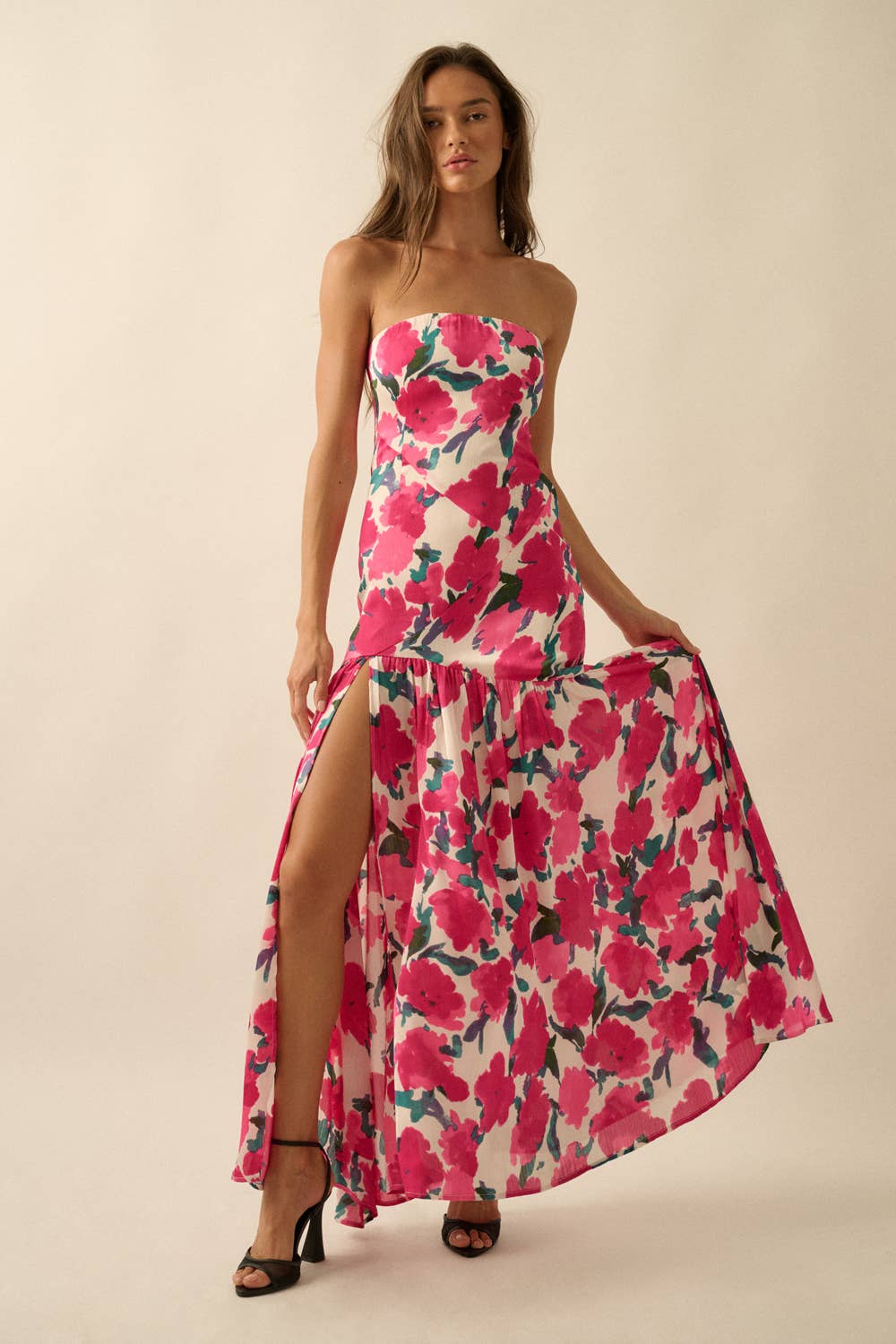 Floral-Print Crepe Strapless Drop-Waist Maxi Dress