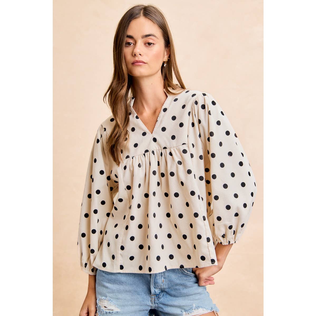 POLKA DOT CORDUROY QUARTER SLEEVES V NECK TOP