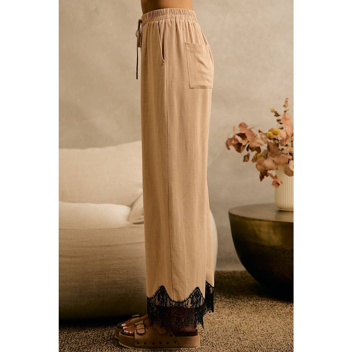 LINEN BLEND LACE TRIM BANDING WAIST PANTS