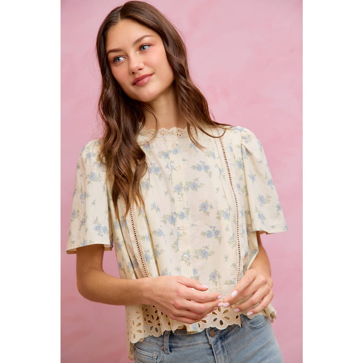 FLORAL PRINT LACE TRIM FLUTTER SLEEVES BLOUSE