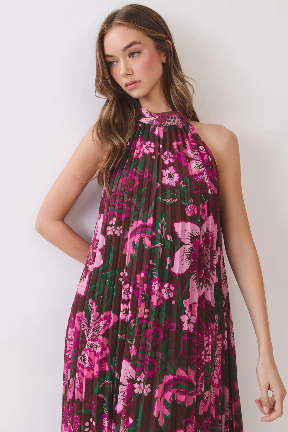 FLORAL PLEATED HALTER MAXI DRESS