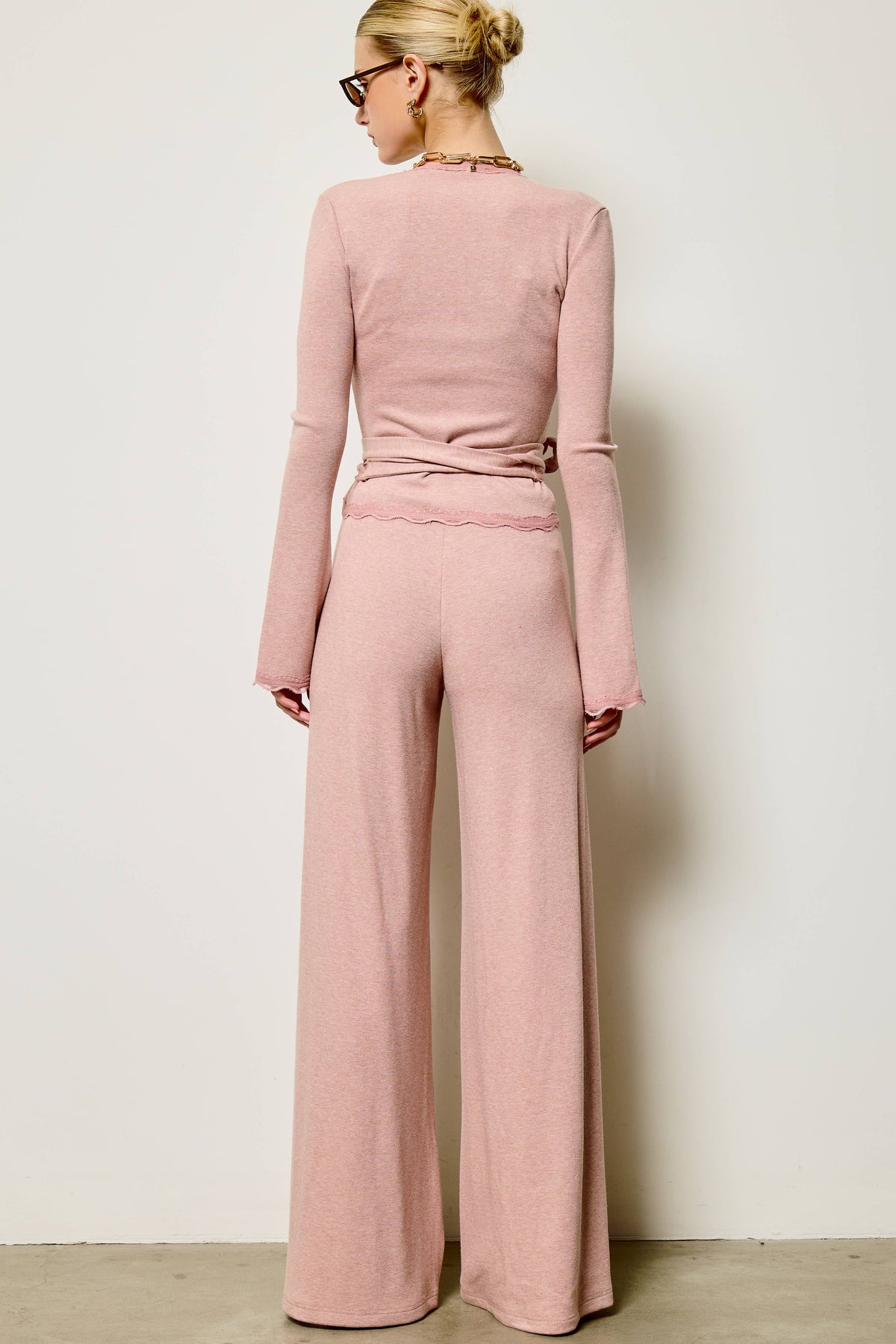 Scallop Lace Trim Wrap Top and Wide Leg Pants Set