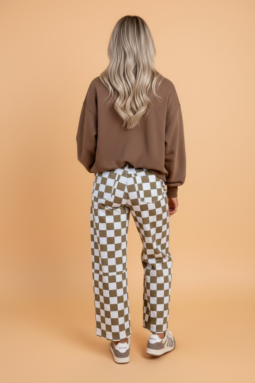 Checker Denim Barrel Leg Pants