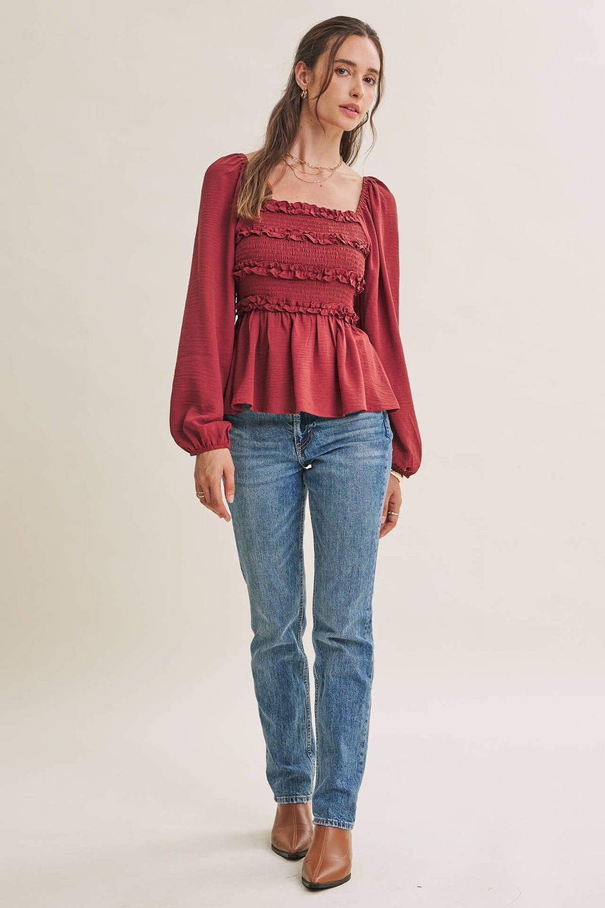 ROSEWOOD EVENING SQUARE NECK SMOCKED PEPLUM BLOUSE