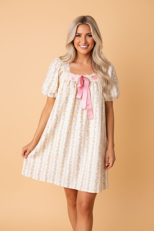 Floral Contrast Ribbon Square Mini Dress