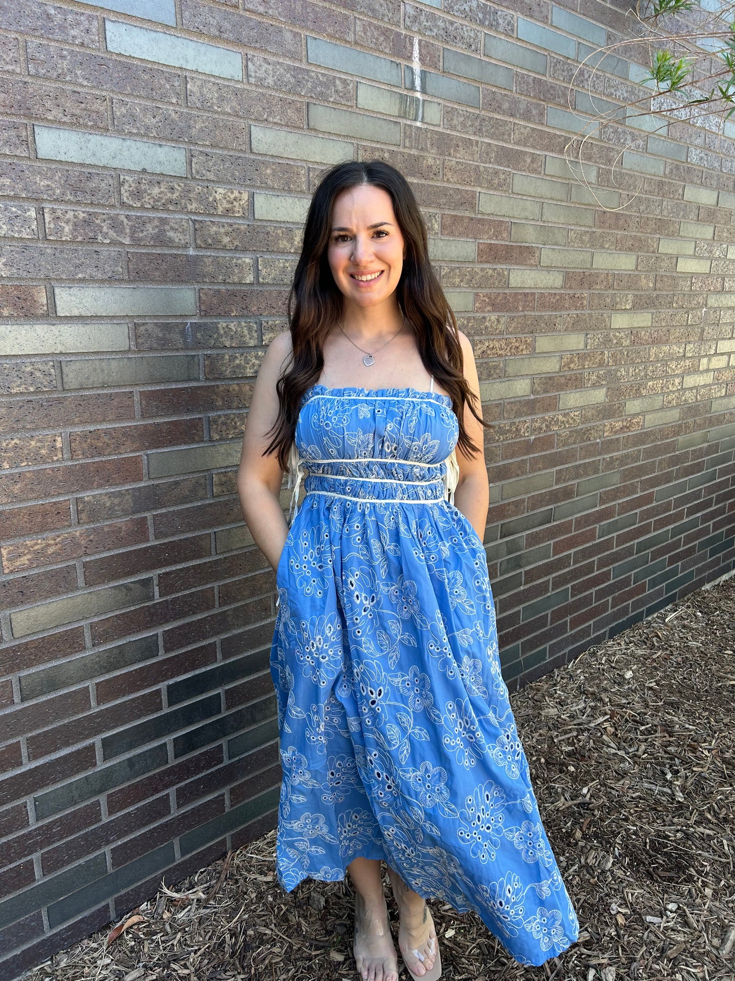 Floral Embroidery Eyelet Midi Dress