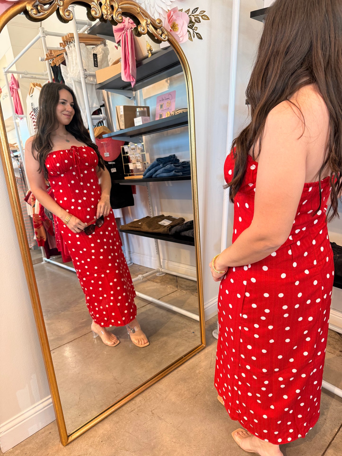 Strapless Polka Dot Midi Dress