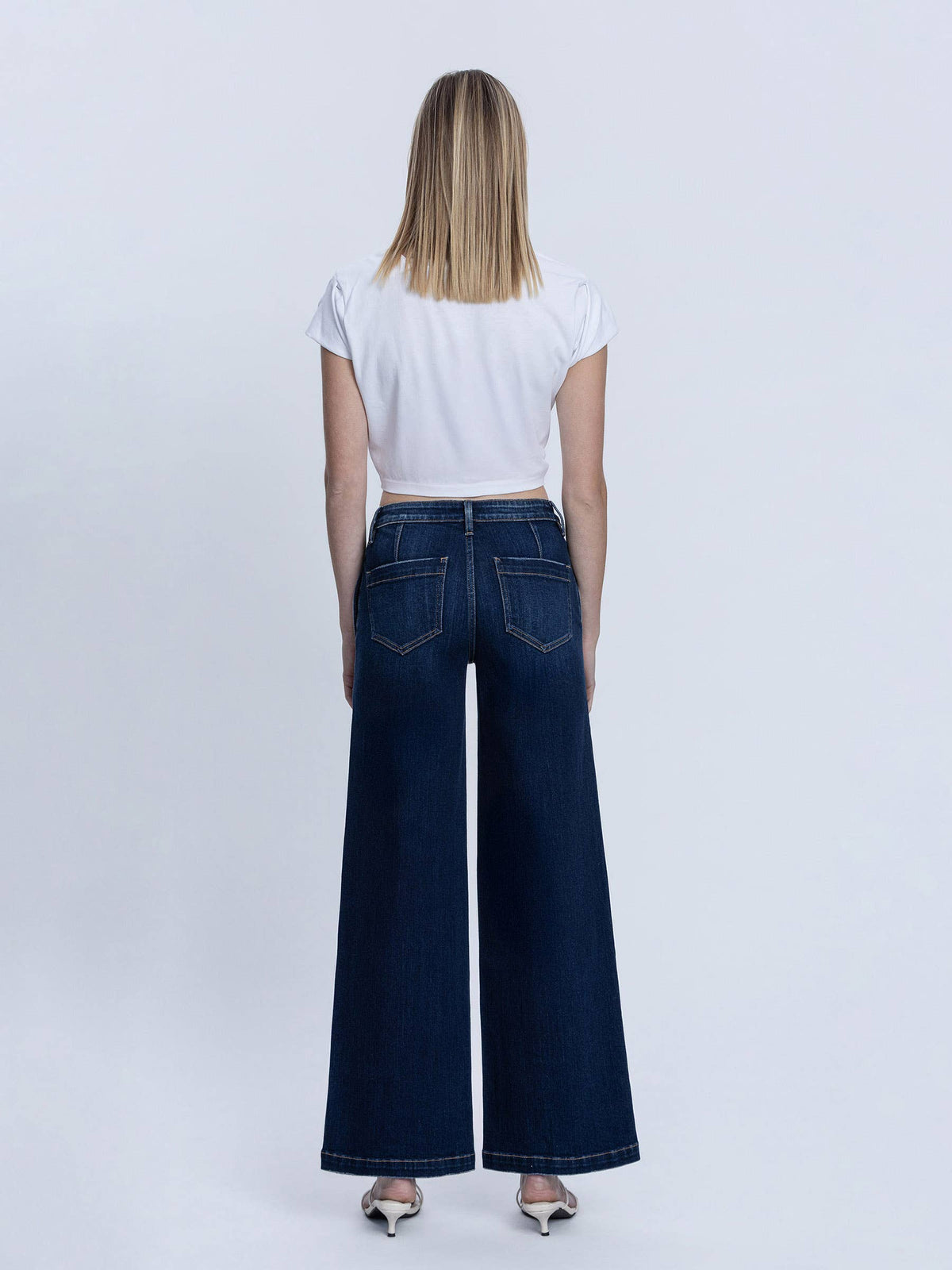 MID RISE TROUSER HEM DARK WASH WIDE JEANS