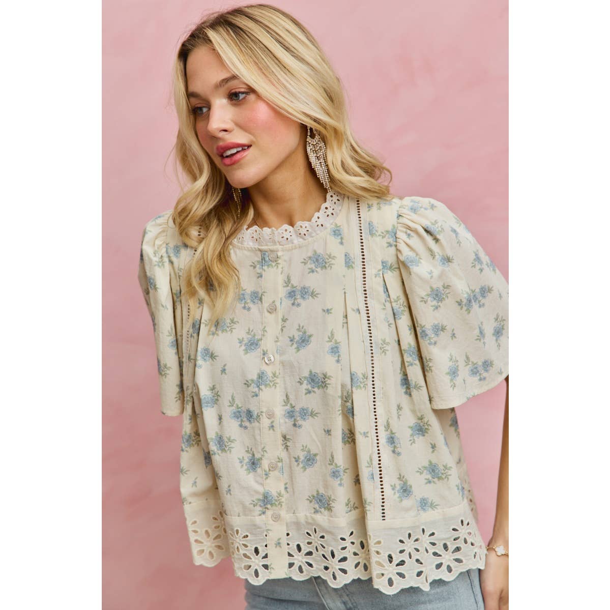 FLORAL PRINT LACE TRIM FLUTTER SLEEVES BLOUSE