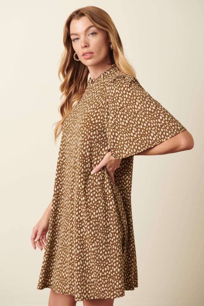 ANIMAL PRINT RUFFLE MOCK NECK MINI DRESS
