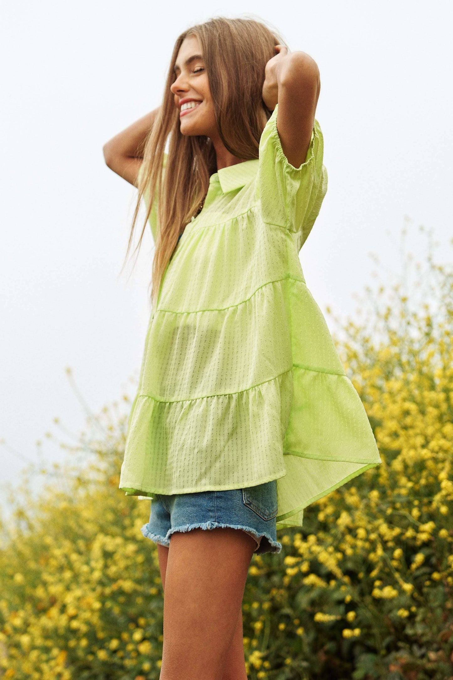 BUTTON DOWN SHORT PUFF SLEEVES BABYDOLL BLOUSE