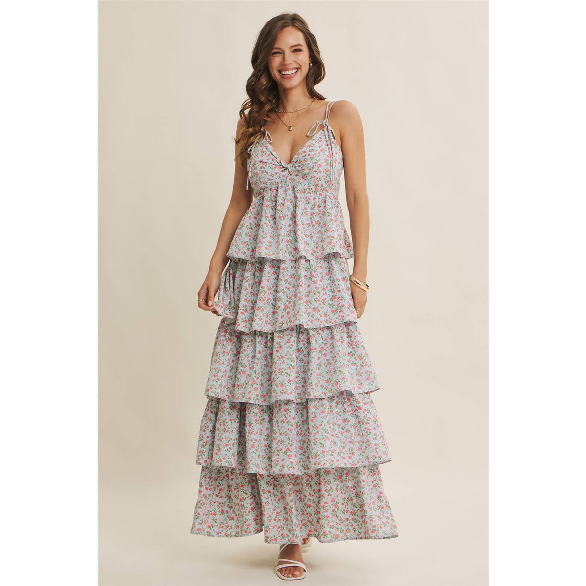 MORNING MEADOW TWISTED FRONT TIERED SMOCKED MAXI DRESS