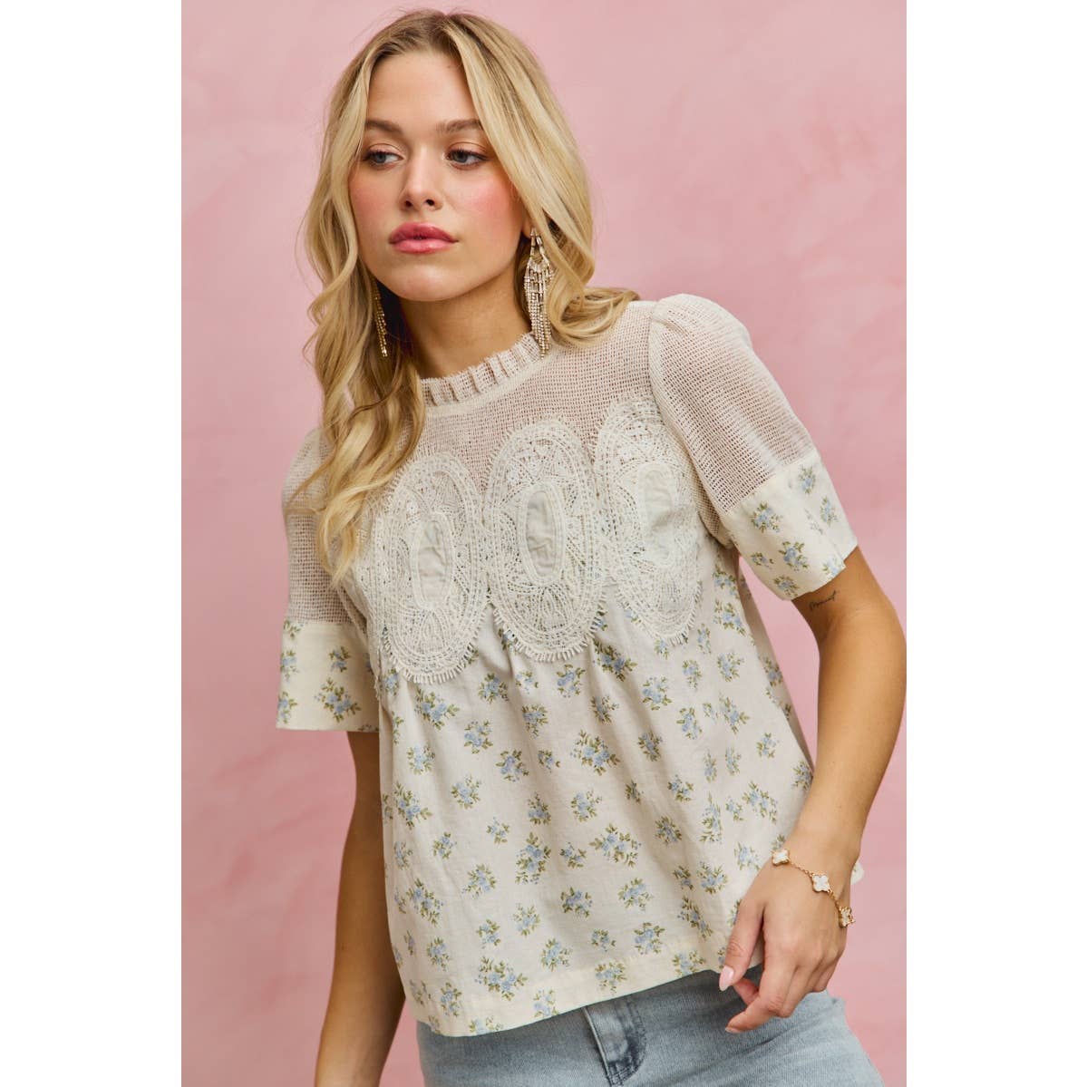 FLORAL PRINT LACE TRIM COTTON BLOUSE TOP