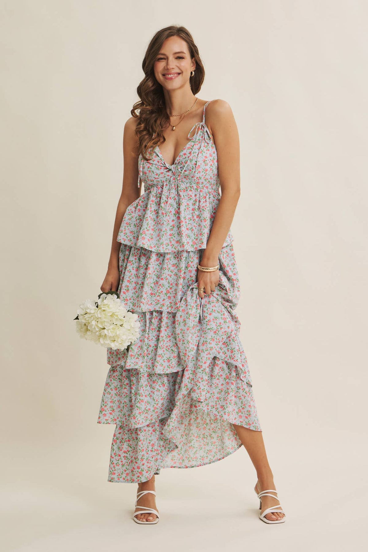 MORNING MEADOW TWISTED FRONT TIERED SMOCKED MAXI DRESS