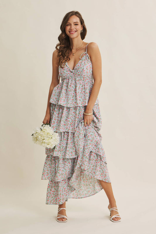 MORNING MEADOW TWISTED FRONT TIERED SMOCKED MAXI DRESS