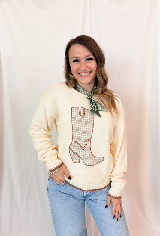 WILD WEST WEEKEND PLAID COWBOY BOOT COTTON SWEATER
