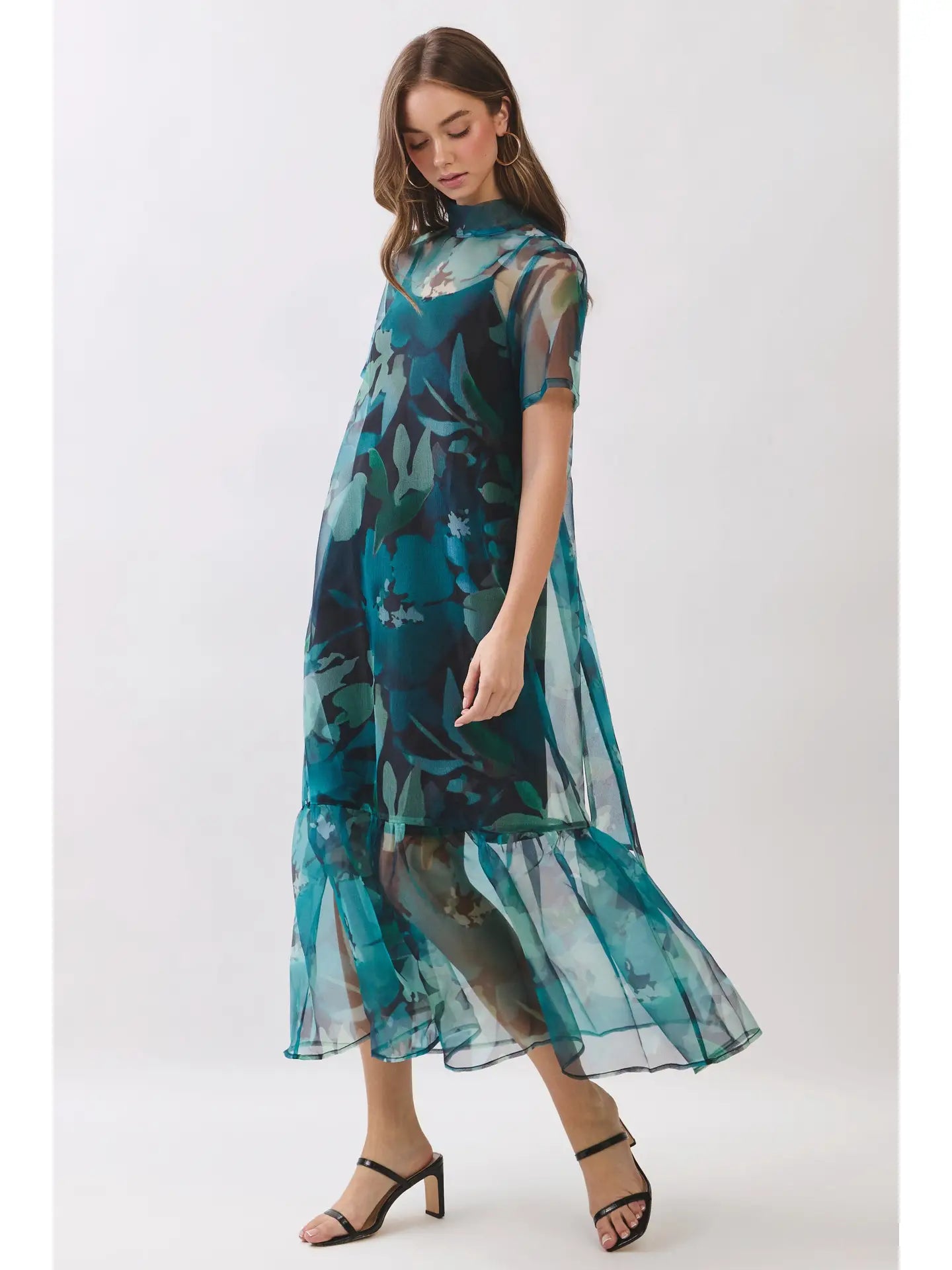 SHEER FLORAL OVERLAY MAXI DRESS