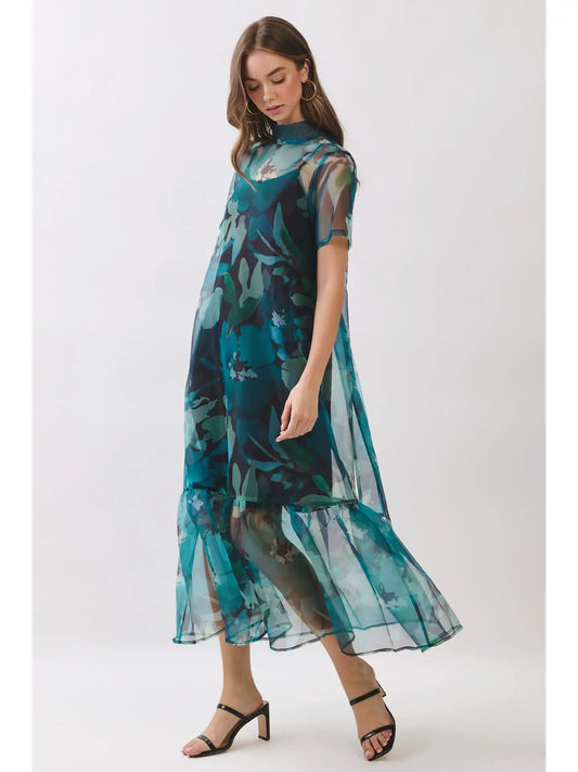 SHEER FLORAL OVERLAY MAXI DRESS