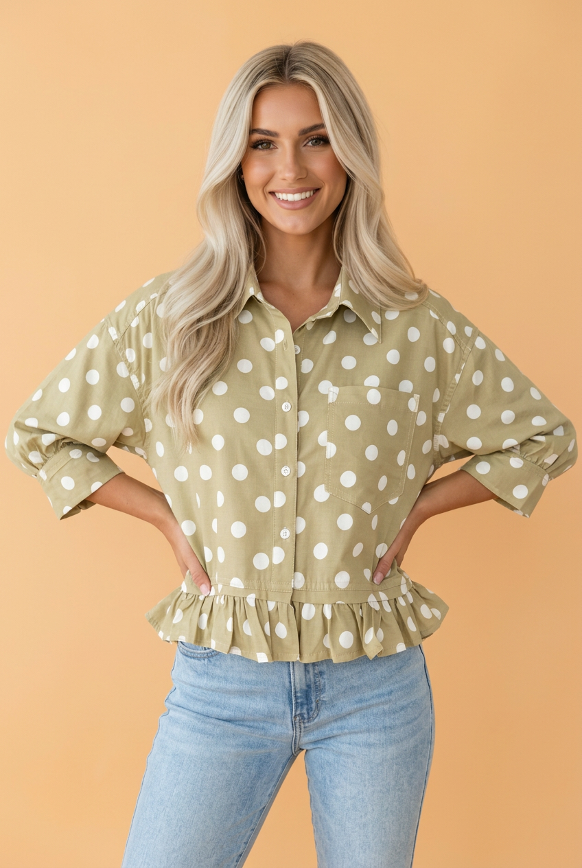 Polka Dot 3/4 Sleeve Ruffle Hem Shirt