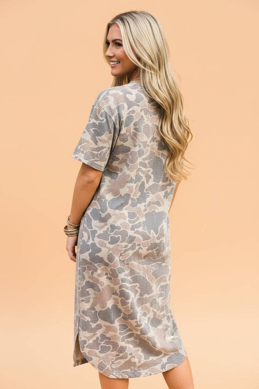 Camo Drop Shoulder Side Slit Dress