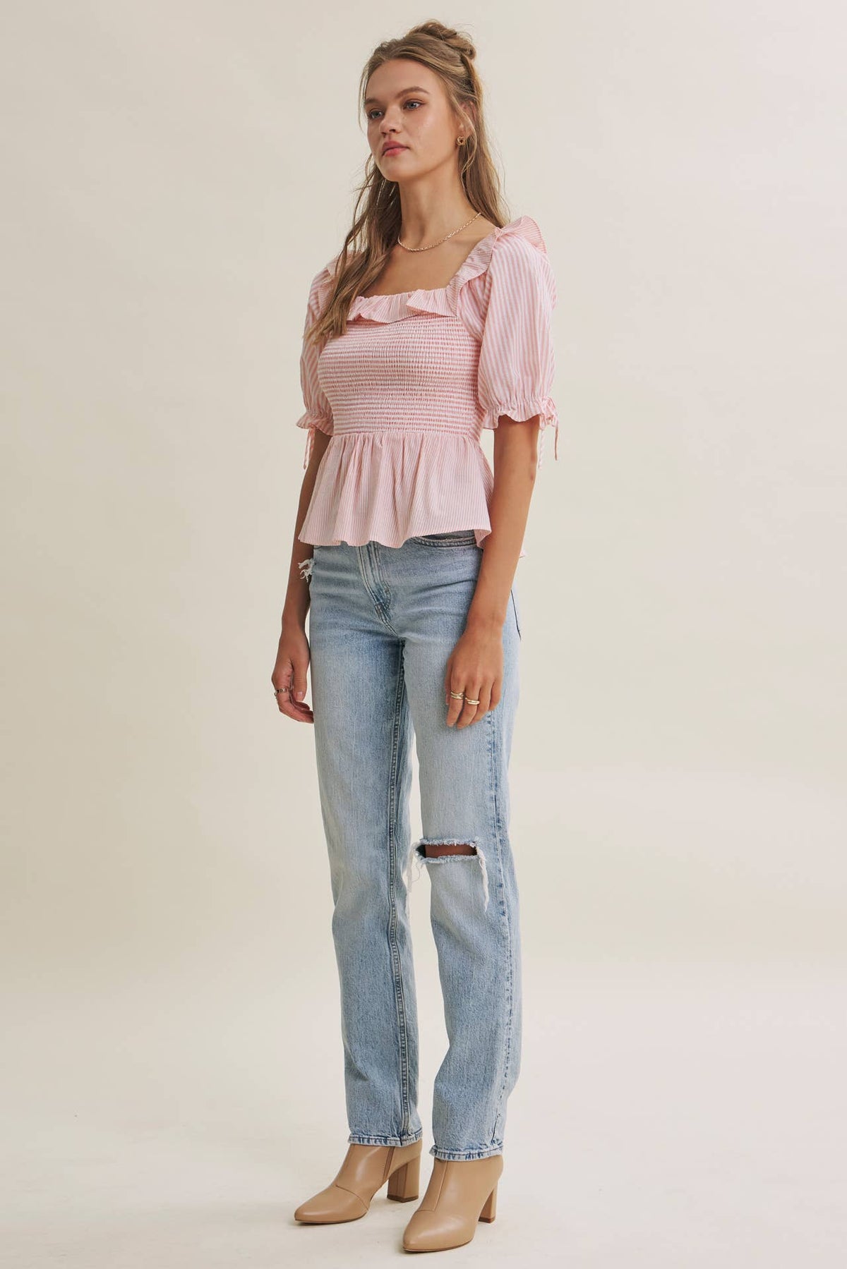 SOFT BREEZE RUFFLE SMOCKED STRIPE PEPLUM BLOUSE WITH BOW