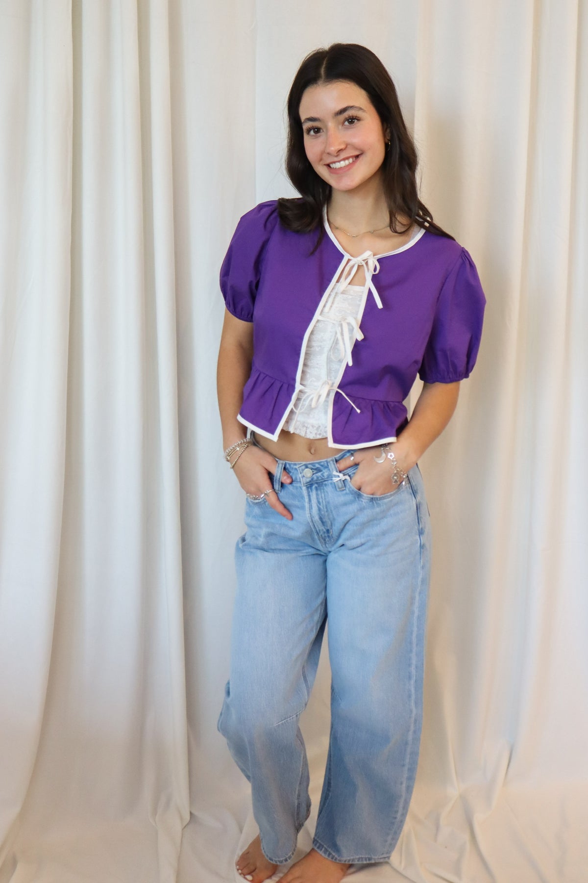 Puff Sleeve Contrast Bow Top