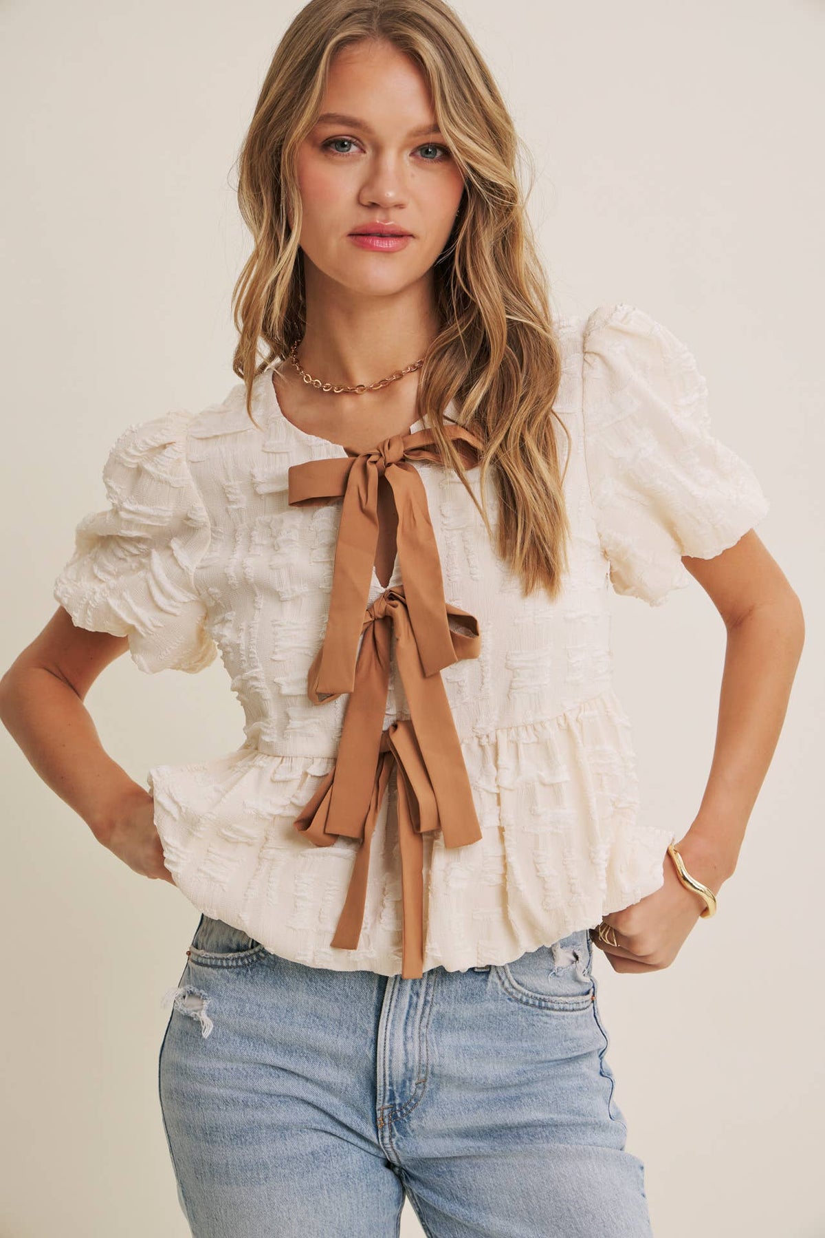 BESTSELLER ROMANTIC TEXTURED CONTRAST BOW PEPLUM BLOUSE