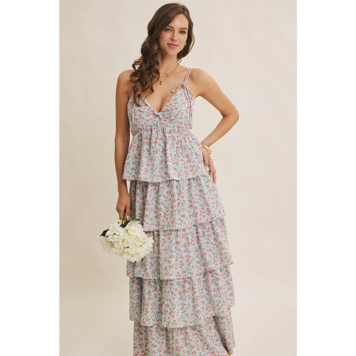 MORNING MEADOW TWISTED FRONT TIERED SMOCKED MAXI DRESS