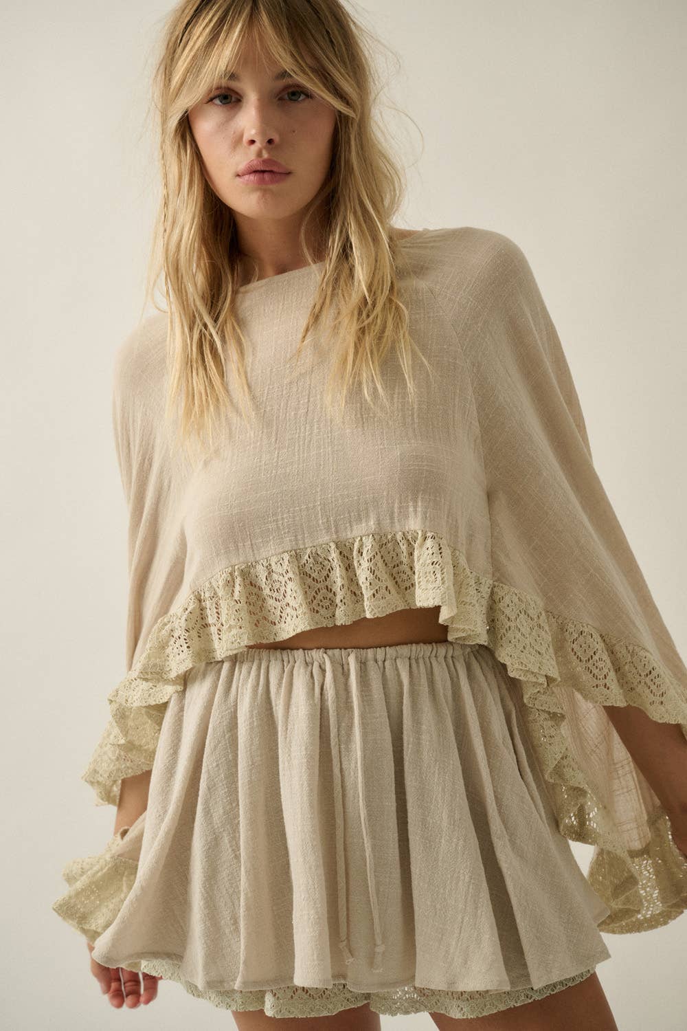 Cotton Gauze and Crochet Lace Ruffle Bell-Sleeve Cropped Top