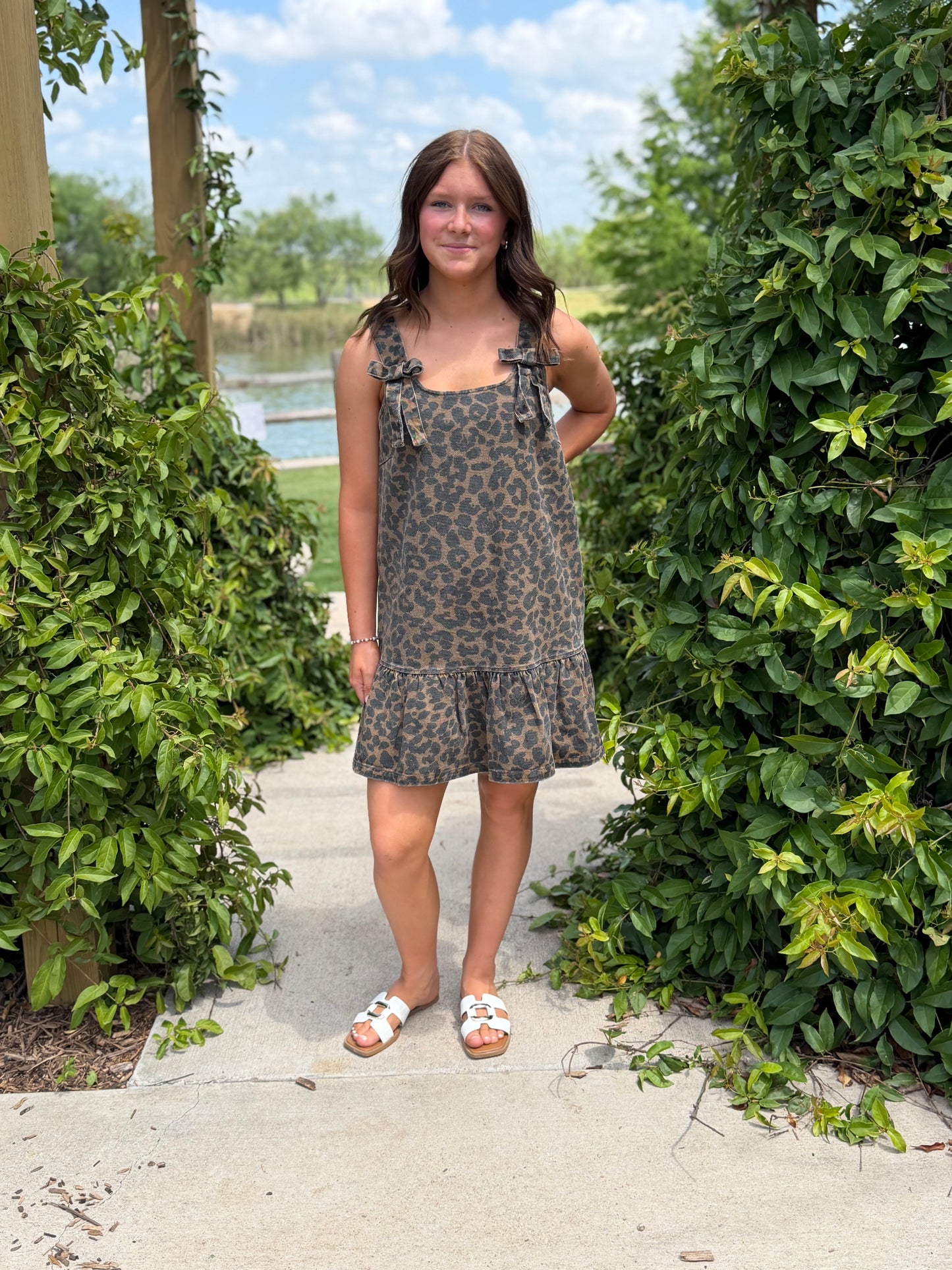 Bow Details Leopard Mini Denim Dress With Ruffle