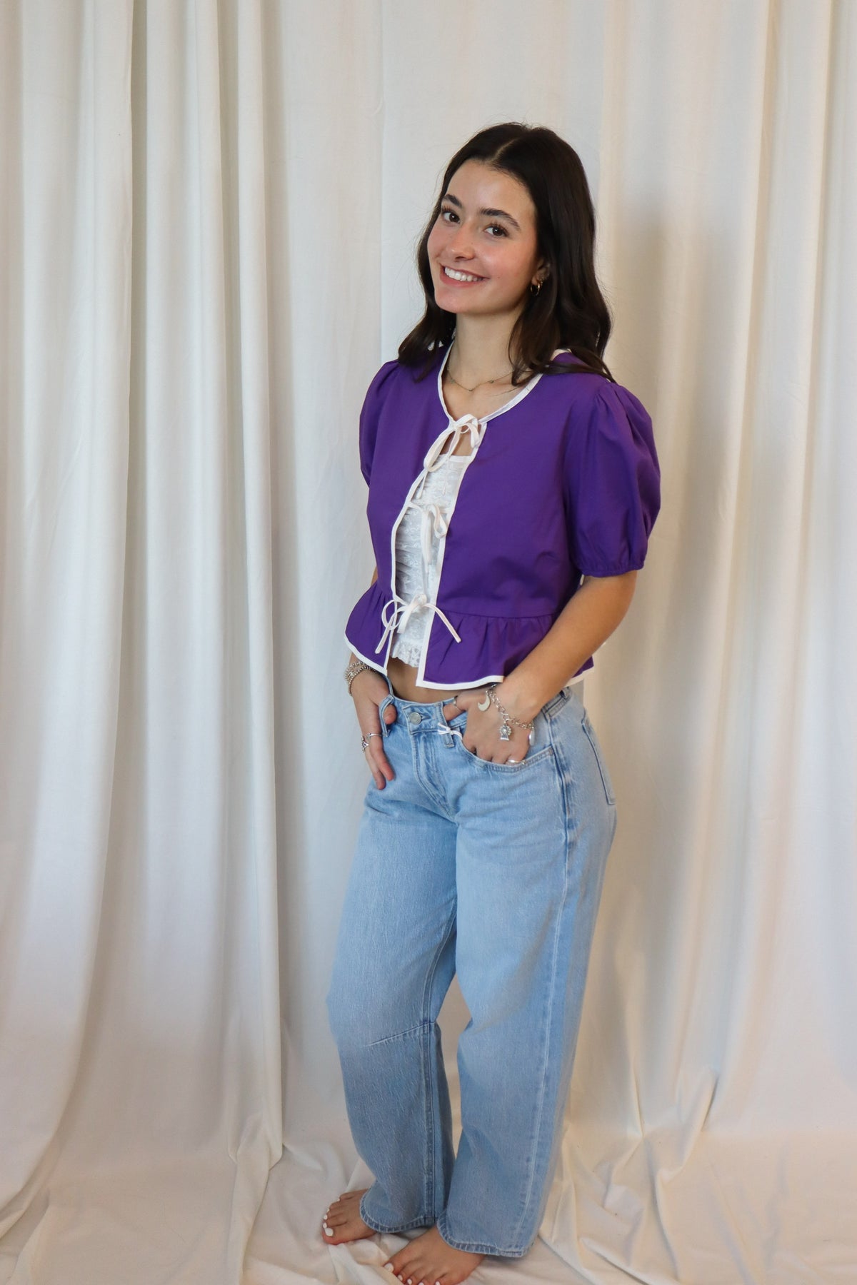 Puff Sleeve Contrast Bow Top