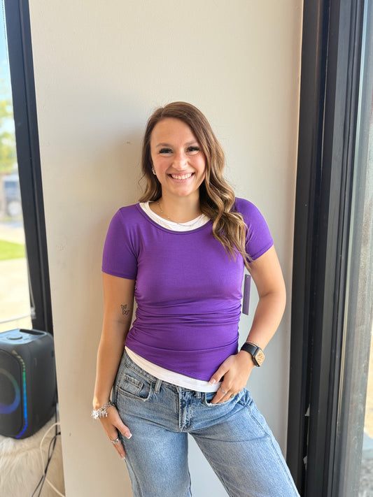 Contrast Trim Ruched Fitted Tee